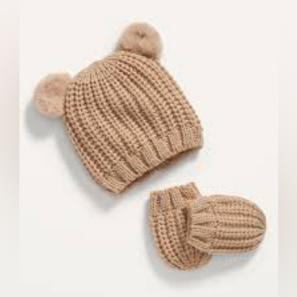 Old Navy Tan Knit Hat with Bear Ears and Mittens Gloves Winter Set Baby 6-12m